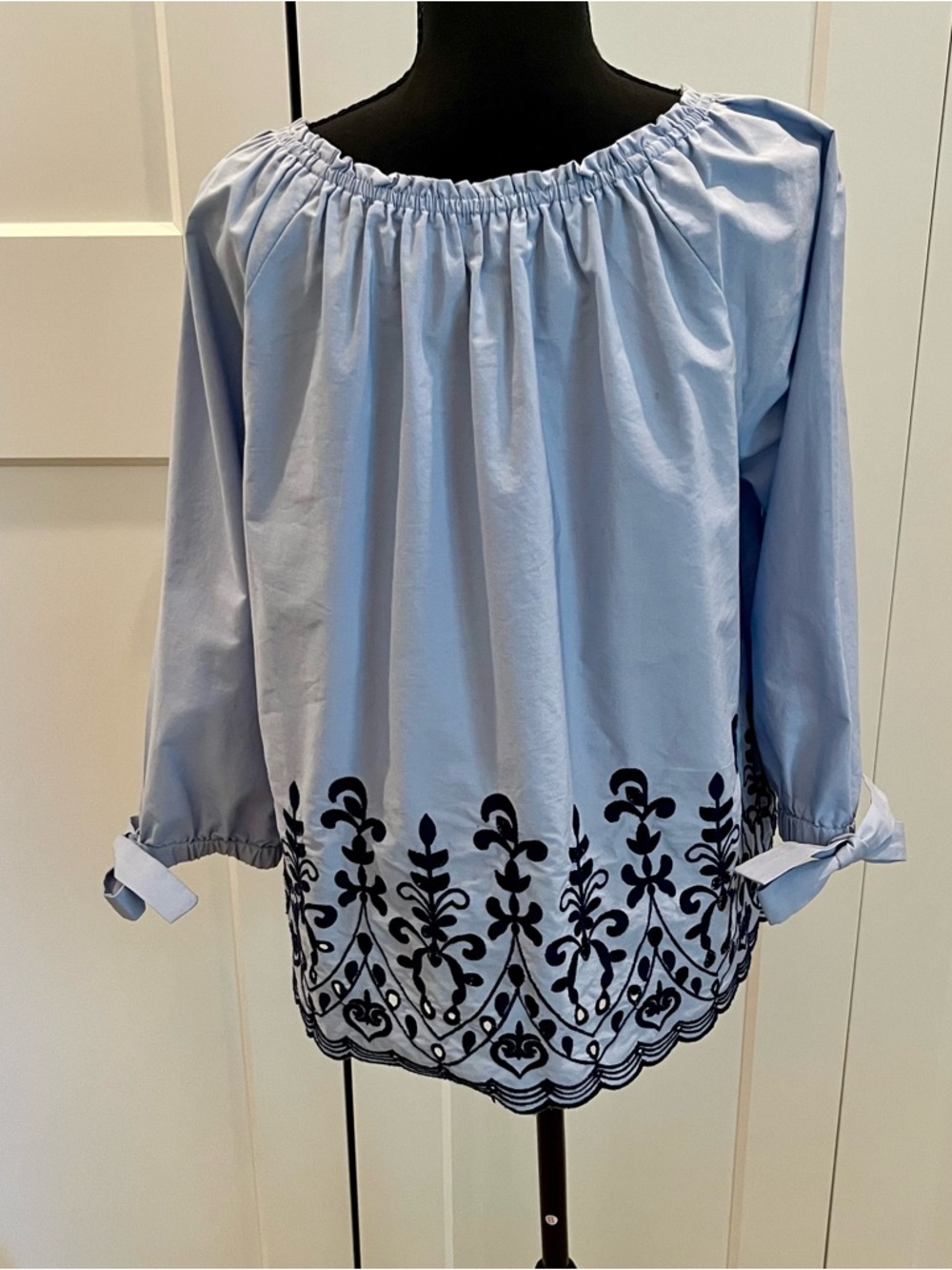 Time and Tru Light Blue Off-Shoulder Blouse with Navy Embroidery Cotton Blend - Picture 7 of 9